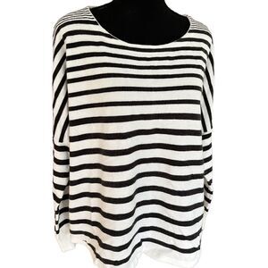 FRENCH Connection white/black striped fuzzy, soft crew neck boxy fit sweater, M